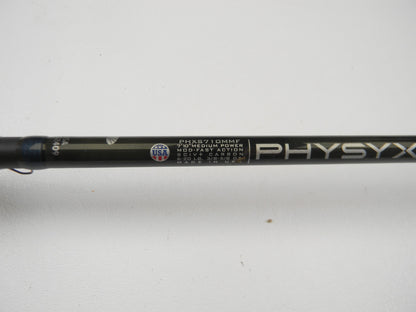 Close-up of a St. Croix Physyx PHXS710MMF 7'10" Medium used spinning rod in very good condition, labeled "PHYSYX," with moderate-fast action—perfect for those upgrading via our rod and reel trade-in program.