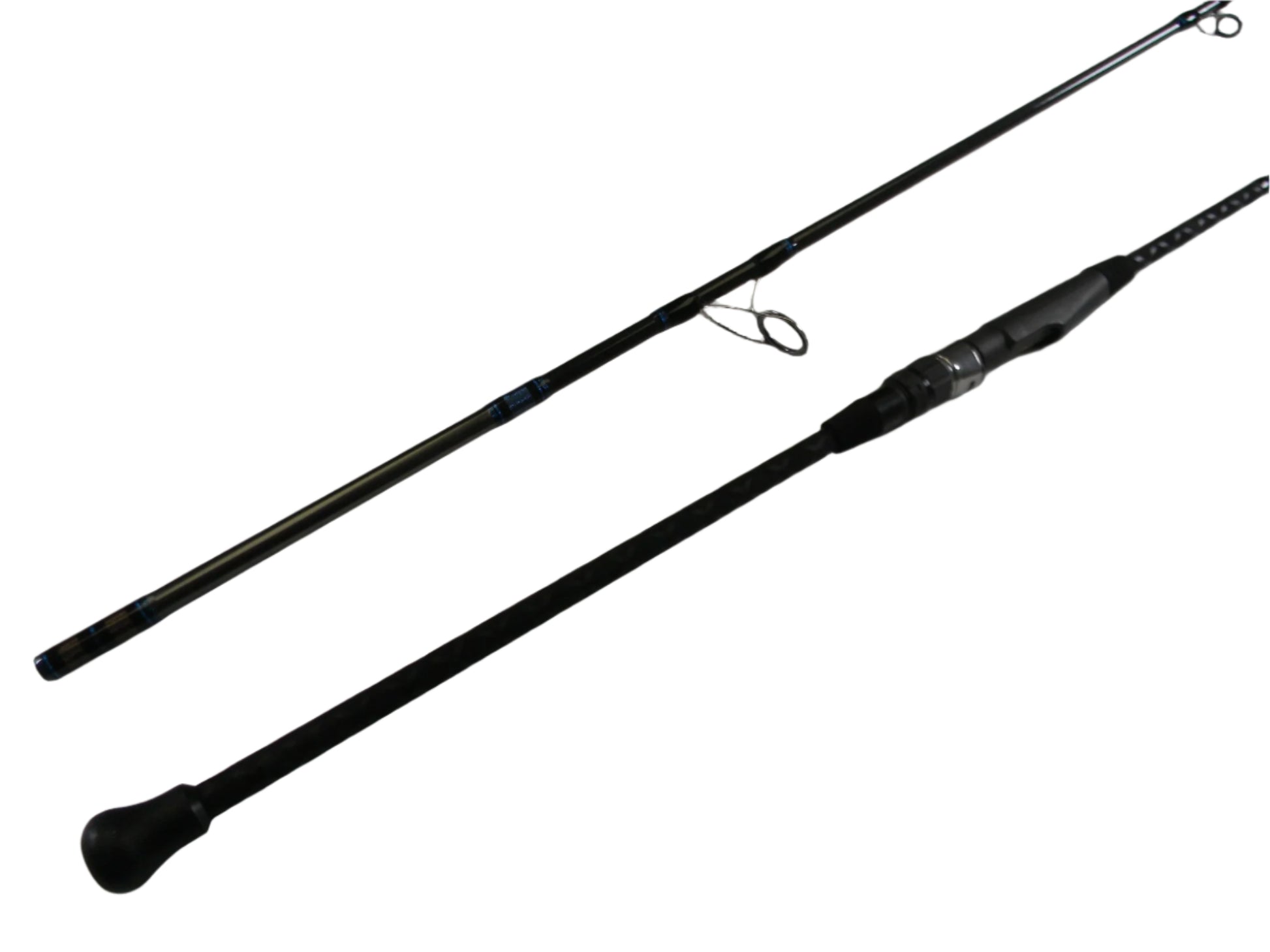 Two Tsunami Air Wave Elite TSAWESS802LT 8'0" 2-piece used spinning rods in excellent condition are displayed on a white background, one fully assembled and one separated—great for trade-in or upgrading your gear for store credit.