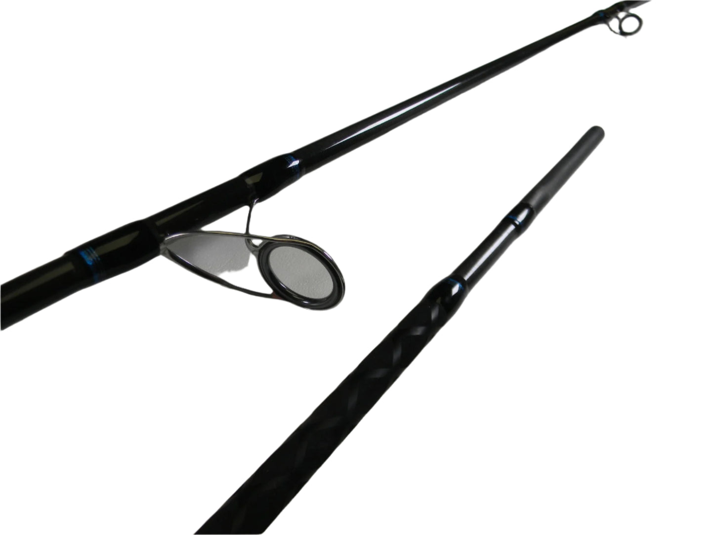 Close-up of the Tsunami Air Wave Elite TSAWESS802LT 8'0" 2 Piece Used Spinning Rod in excellent condition, featuring its guide ring and textured handle—ideal for shoppers seeking quality pre-owned gear.