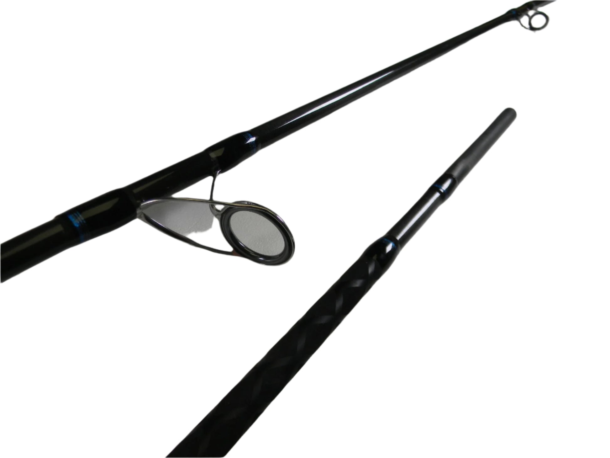 A close-up of the Tsunami Air Wave Elite TSAWESS762LT 7'6" 2 Piece Spinning Rod in excellent used condition, showcasing its textured handle and line guide—ideal for evaluating trade-in value in our Rod and Reel Trade-In Program.