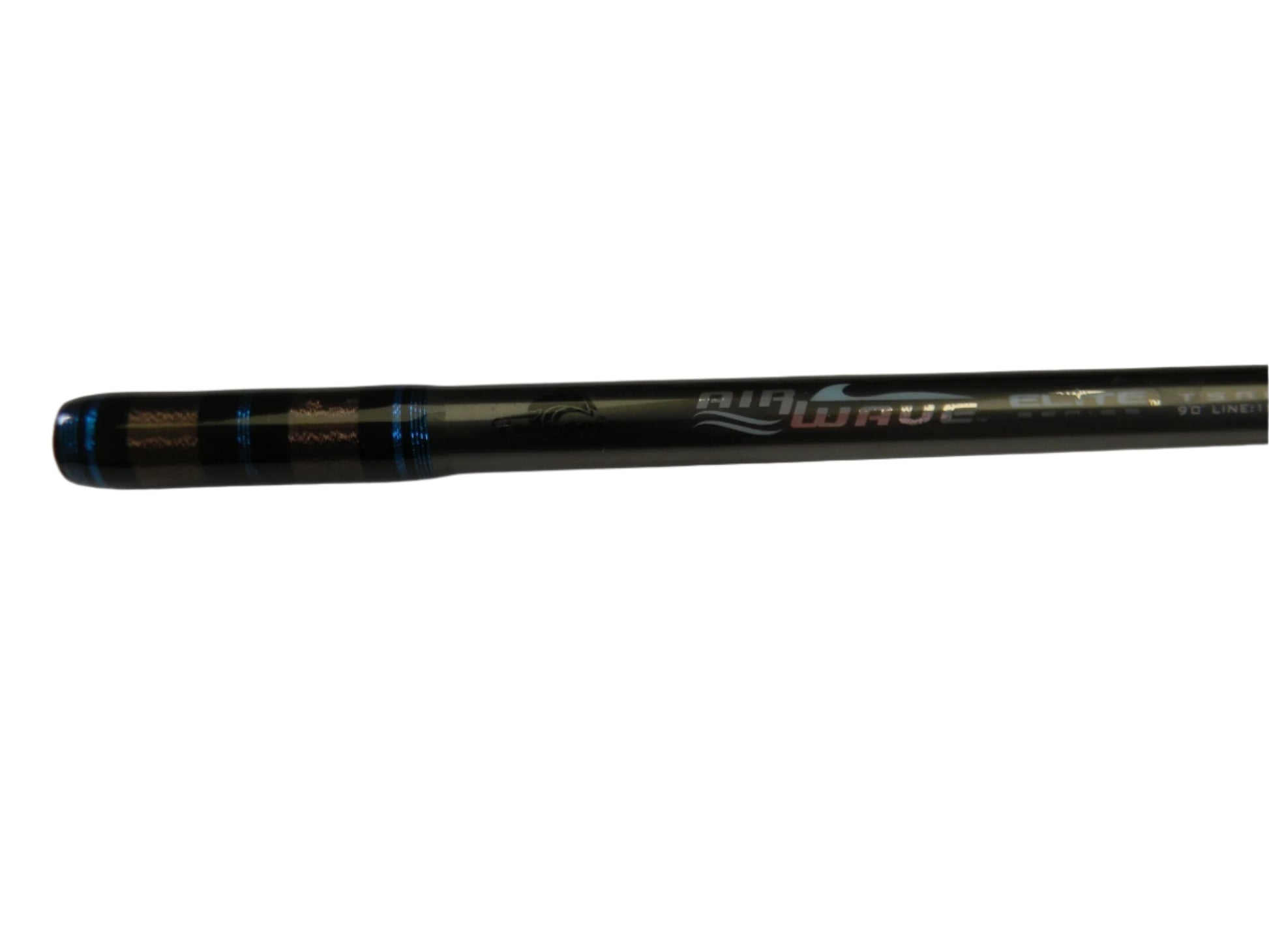 A close-up of the Tsunami Air Wave Elite TSAWESS802LT 8'0" used spinning rod in excellent condition, featuring blue stripes and "Wave" text—ideal for our Rod and Reel Trade-In program for store credit on your used gear.