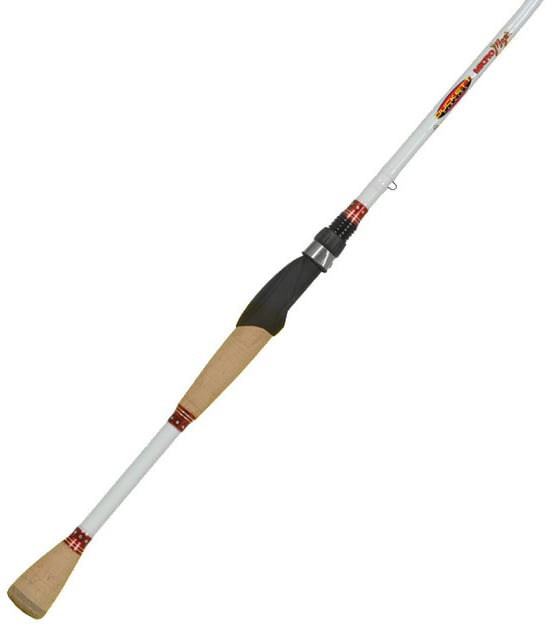 The Duckett Micro Magic Pro 7'0" Medium Spinning Rod blends style with function, featuring a white body, cork grip handle, and red accents on the reel seat and tip. Crafted with Sensi-Touch blanks, it's ideal for freshwater or saltwater use.