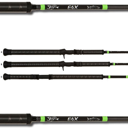 Three black G. Loomis E6X Salmon 982C HSR GH 8'2" Mag Medium Casting Rod handles with green accents, labeled A, B, and C, display unique grips and reel seat designs; each features the "E6X" logo and MultiTaper Technology.