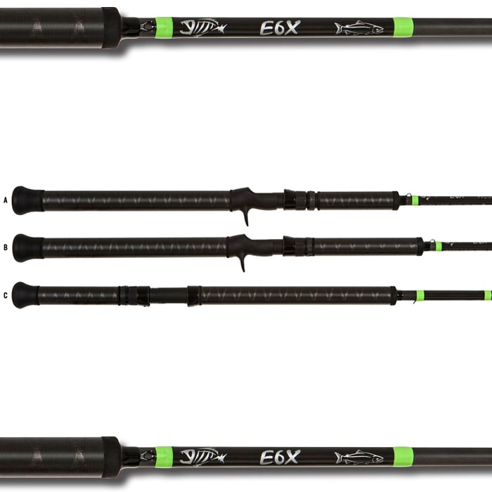 Three G. Loomis E6X Salmon 1266-2C SAR GH 10'6" Extra Heavy Casting Rods (12775-01), black with green accents and textured grips, are shown horizontally and labeled A, B, and C. Each features "E6X" and a fish graphic near the handle.
