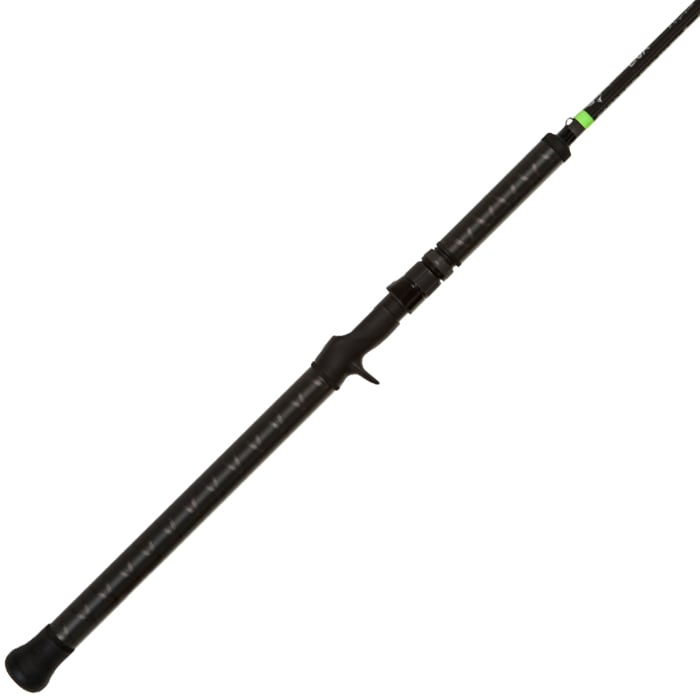 A close-up of the G. Loomis E6X Salmon 964C BBR GH 8'0" Medium Heavy Casting Rod (12765-01) by G. Loomis, featuring a black finish, textured grip, reel seat, and trigger grip, displayed angled on a white background.