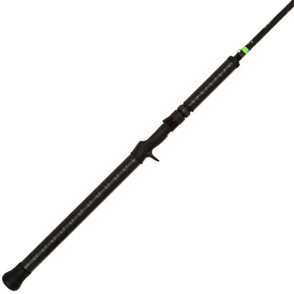 A close-up of the G. Loomis E6X Salmon 964C BBR GH 8'0" Medium Heavy Casting Rod (12765-01) by G. Loomis, featuring a black finish, textured grip, reel seat, and trigger grip, displayed angled on a white background.