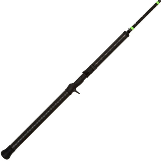 The G. Loomis E6X Salmon 1265-2C SAR GH 10'6" Heavy Casting Rod features a black finish, textured handle with trigger grip, green accents near the reel seat, and MultiTaper Technology—shown on a white background.