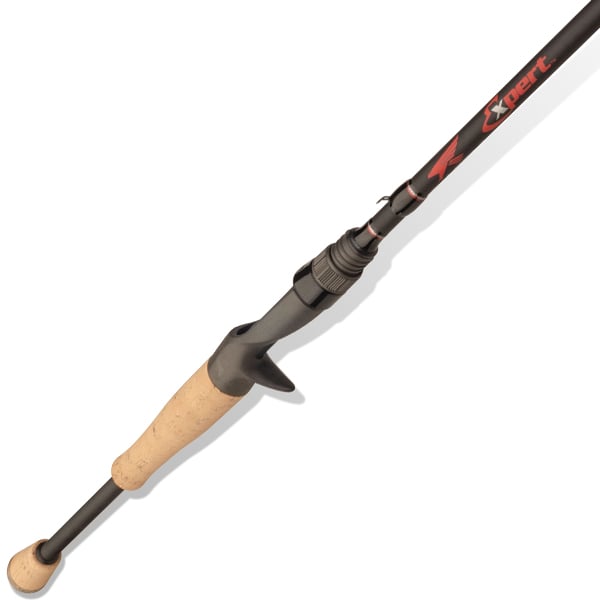 The Falcon Expert Peacock 5'7" Medium Heavy Casting Rod | EC-5-157MH by americanlegacyfishing is a sleek black and red rod with a cork handle, expertly designed for angling activities like Peacock Bass Fishing.