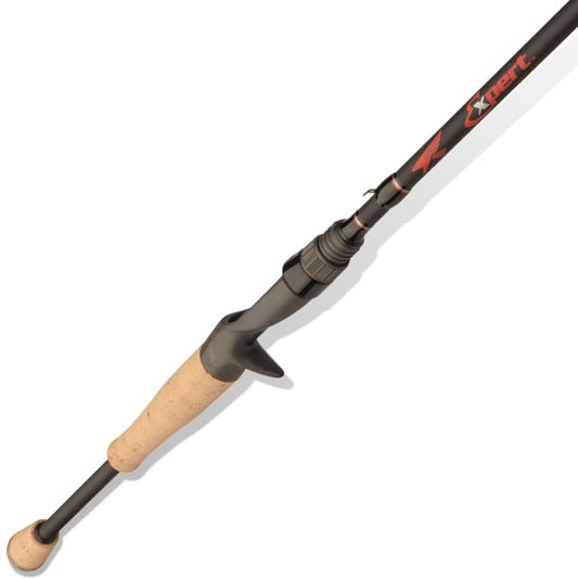 The Falcon Expert Peacock 5'7" Medium Heavy Casting Rod | EC-5-157MH by americanlegacyfishing is a sleek black and red rod with a cork handle, expertly designed for angling activities like Peacock Bass Fishing.