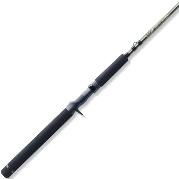 The St. Croix Eyecon 10'0" Medium 2 Piece Trolling Rod (ET100MM2) features a black finish, foam handle, and metallic reel seat—perfect for anglers seeking quality walleye rods; shown diagonally on a white background.