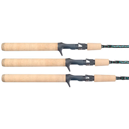 The Falcon Coastal Clear Water "Ultimate Trout" 6'7" Medium Light Casting Rod (SWC-67ML) features light wooden handles and black reel seats, boasting a sleek design with a patterned section near the handle—ideal for precision in medium-light casting.