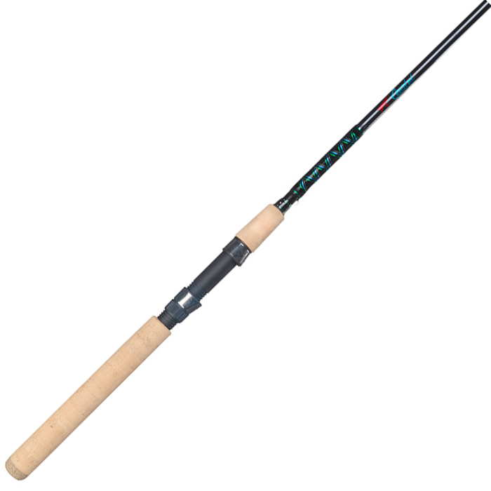 The Falcon Coastal Clear Water Buck Tails 7'0" Medium Light Spinning Rod by Falcon features a cork handle and black shaft with decorative accents, making it perfect for inshore fishing.
