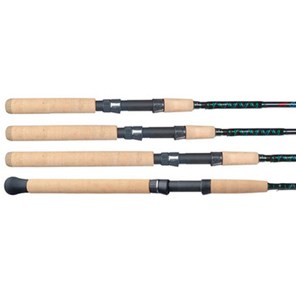 Four Falcon Coastal Clear Water "Spoon and Spinnerbait" 7'4" Medium Heavy Spinning Rods by Falcon, each with light cork handles and black reel seats, are displayed horizontally on a white background—perfect for inshore fishing.