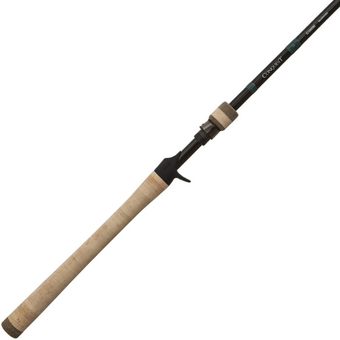 The G. Loomis Conquest CNQ 905C MBR Mag Bass Casting Rod features a cork handle, black reel seat, slender black rod, green and silver accents near the handle, and Spiral-X Technology for enhanced performance.