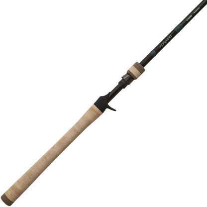 The G. Loomis Conquest CNQ 843C MBR Mag Bass Casting Rod features a cork handle, black reel seat, thin black shaft with green accents, and Spiral-X Technology, displayed against a white background.