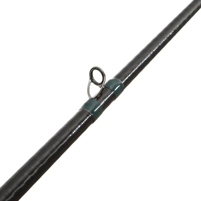 Close-up of a G. Loomis Conquest CNQ 782C MBR Mag Bass Casting Rod highlighting a metal line guide secured with green wrappings.