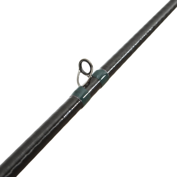 A close-up of a G. Loomis Conquest CNQ 842C MBR Mag Bass Casting Rod shows one of the line guides, secured with green thread.