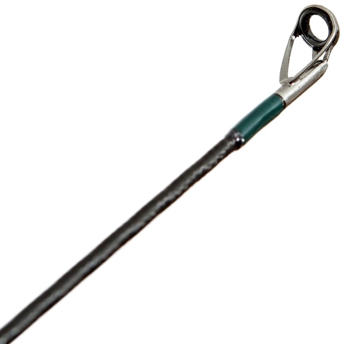 Close-up of the G. Loomis Conquest CNQ 842C MBR Mag Bass Casting Rod tip, showcasing the rod guide ring, Spiral-X Technology, and reinforced wrapping for enhanced strength and performance.