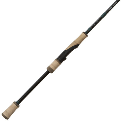 The G. Loomis Conquest CNQ 902S SJR Spin Jig Spinning Rod features a cork handle, black reel seat, slim dark shaft, and advanced Spiral-X Technology for premium bass fishing performance.