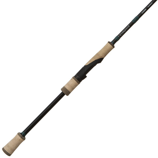 The G. Loomis Conquest CNQ 902S SJR Spin Jig Spinning Rod features a cork handle, black reel seat, slim dark shaft, and advanced Spiral-X Technology for premium bass fishing performance.