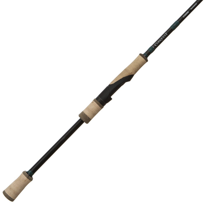 A G. Loomis Conquest CNQ 843S SJR Spin Jig Spinning Rod with a black body and cork handle grips at both ends, shown angled on a white background.