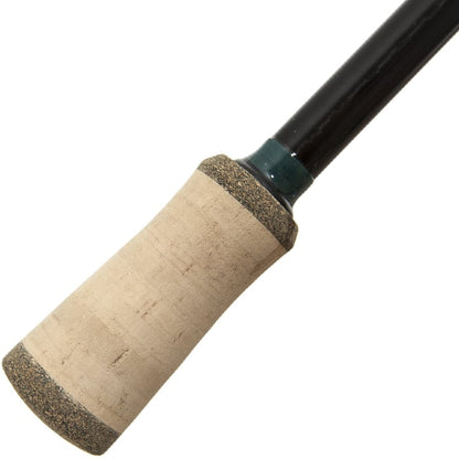 Close-up of the G. Loomis Conquest CNQ 842S SJR Spin Jig Spinning Rod handle, highlighting its light cork grip and black shaft built with Spiral-X Technology.