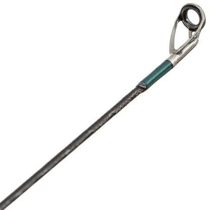 Close-up of the G. Loomis Conquest CNQ 842S SJR spinning rod tip, showing the metal guide ring and thread-wrapped end for reinforcement, and featuring Spiral-X Technology for enhanced strength.