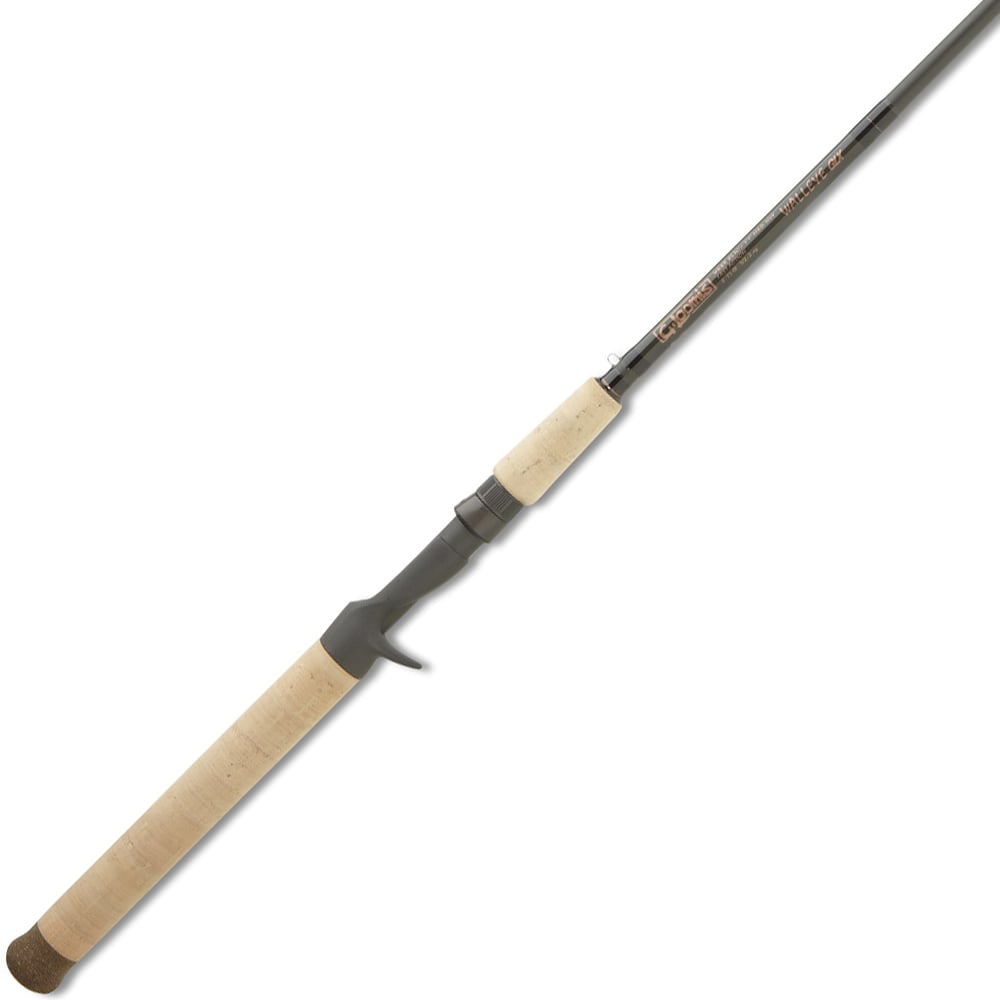 The G. Loomis Walleye Fishing Rod WBBR853C GLX, featuring a cork handle and grey reel seat, is shown angled diagonally on a white background. Designed by G. Loomis for outstanding GLX sensitivity.