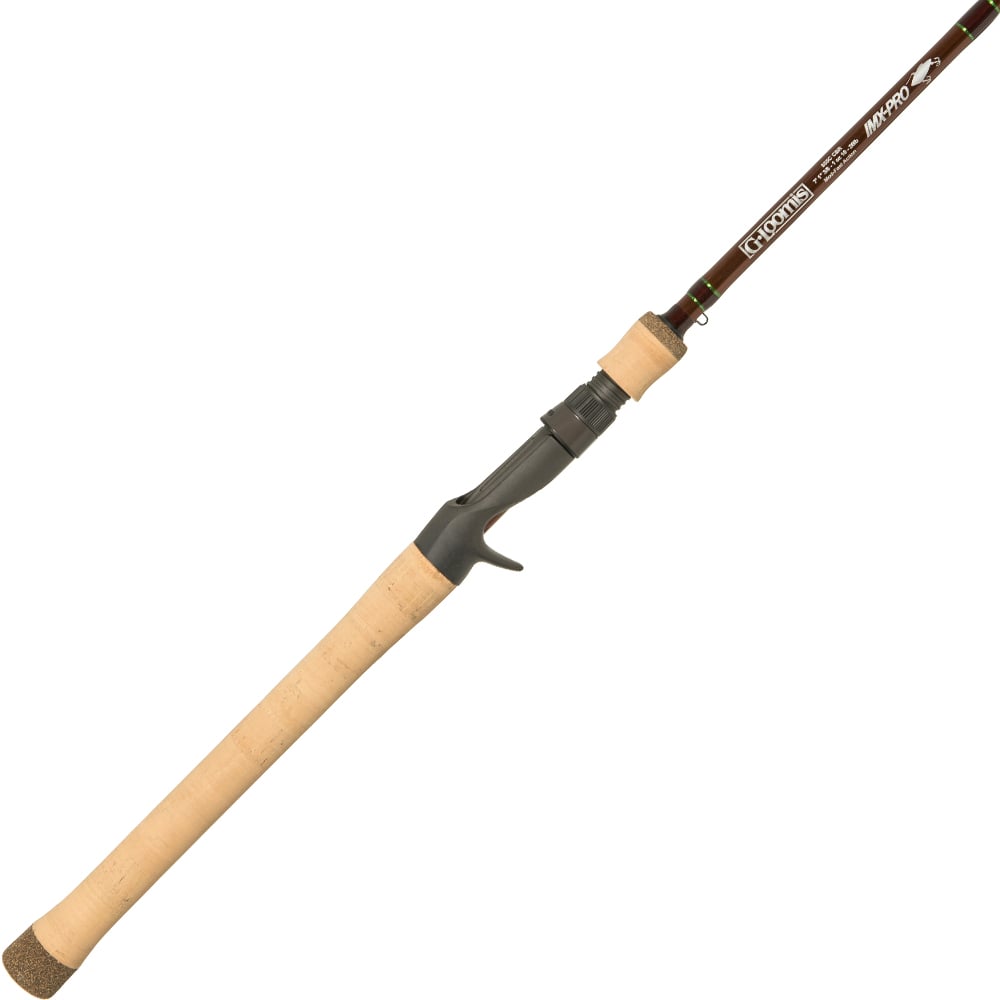 The G. Loomis IMX-PRO Lipless Crankbait 855C CBR 7'1" Medium Heavy Casting Rod is perfect for lipless crankbaits, featuring a cork handle, grey reel seat, and brown shaft with white branding and IMX-PRO markings.