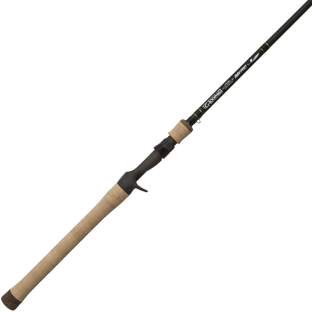 The G. Loomis IMX-PRO 813C SBR Casting Rod - Spinnerbait features a cork handle and black reel seat, ideal for tournament anglers. Its diagonal design highlights brand markings and specs, seamlessly blending natural and modern materials.