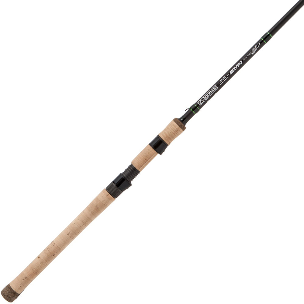 The G. Loomis IMX-PRO 852S JWR Spinning Rod - Jig & Worm features a slim graphite shaft, cork handle, and black reel seat—perfect for smallmouth bass fishing.