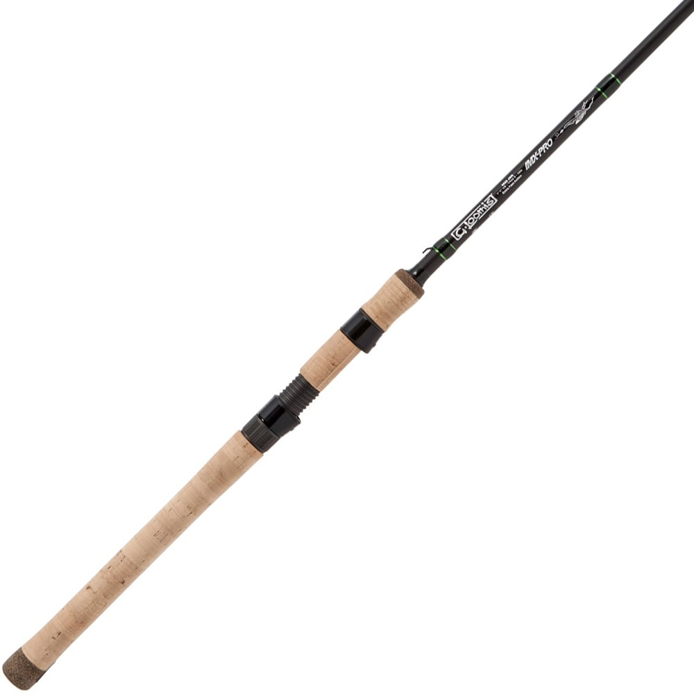The G. Loomis IMX-PRO 853S JWR Spinning Rod - Jig & Worm features a cork handle, black reel seat, and slim black graphite shaft with white and green labeling—perfect for bass fishing against a clean white background.