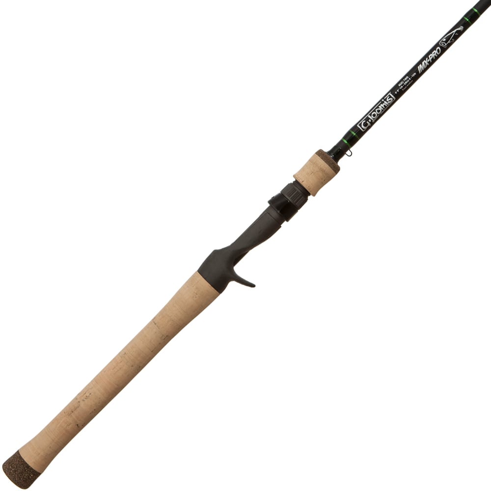 The G. Loomis IMX-PRO 802C TWR Casting Rod features a cork handle and sturdy black reel seat, specifically designed for topwater fishing. Its sleek black shaft with green accents ensures both precision and style with every cast.