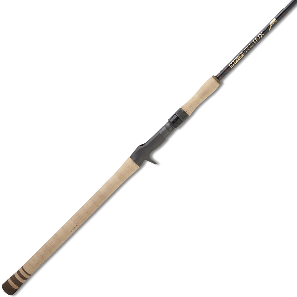 The G. Loomis IMX Hot Shot Casting Rod IMX 1021-2C HSR features an IMX graphite blank, a contoured cork handle for comfort and grip, and a trigger grip reel seat—ideal for long fishing sessions.