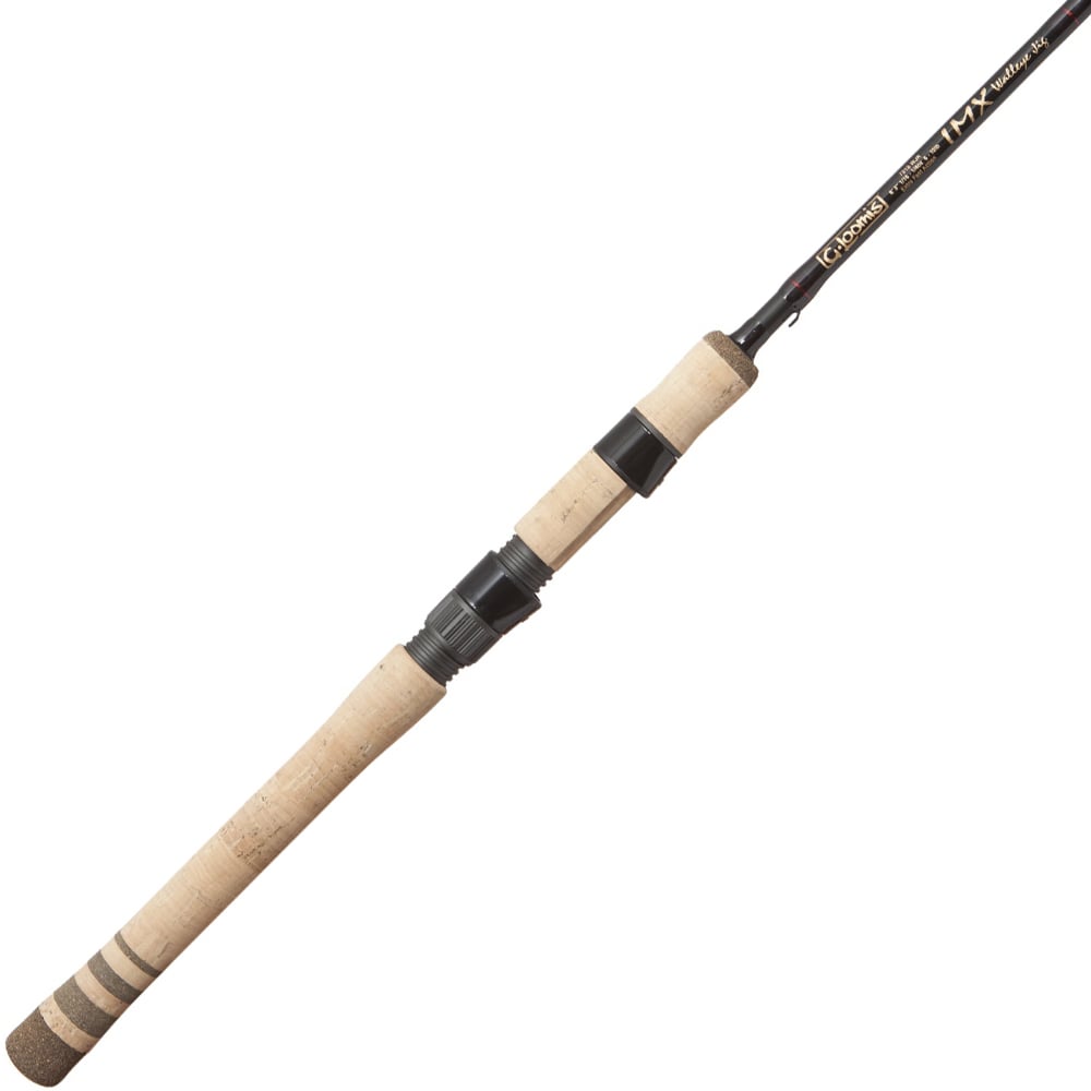 The G. Loomis IMX 782S WUR Walleye Spinning Rod features a cork handle, black reel seat, and a sleek black finish with gold and white branding near the handle.