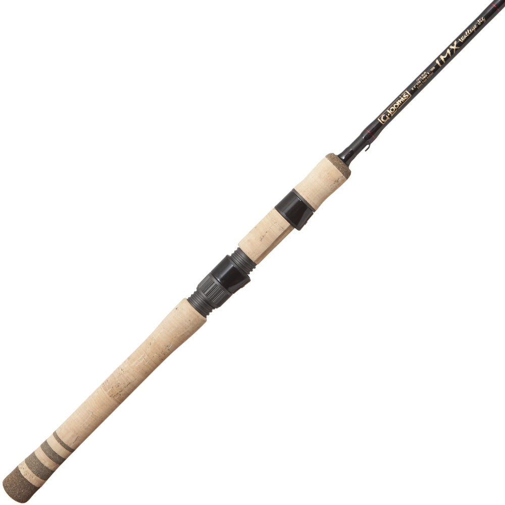 A close-up of the G. Loomis IMX 751S WJR Walleye Spinning Rod shows its cork handle, black reel seat, and G. Loomis branding near the top.