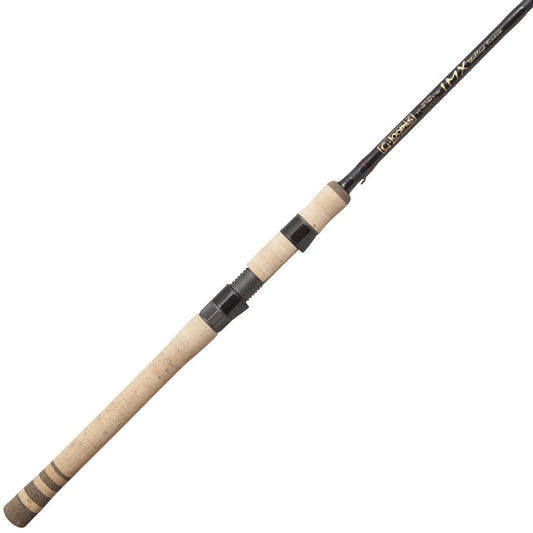 The G. Loomis IMX 901S WJR Walleye Spinning Rod features a light tan cork handle, black accents, and slender design with visible G. Loomis branding—ideal for walleye fishing.
