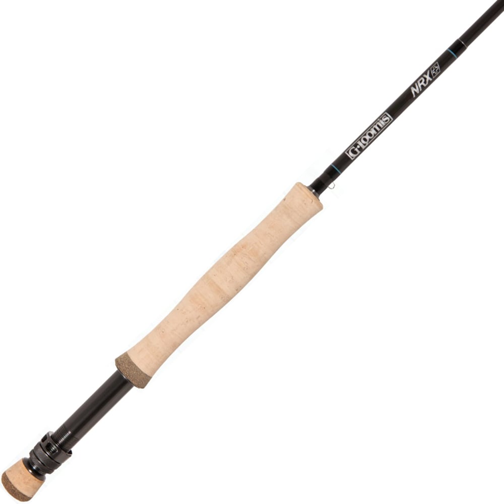 A close-up of the G. Loomis NRX+ 7100-4 10'0" 7wt Fly Rod (12809-01) shows its cork handle and dark graphite shaft, with “NRX+” and “G. Loomis” branding near the top.