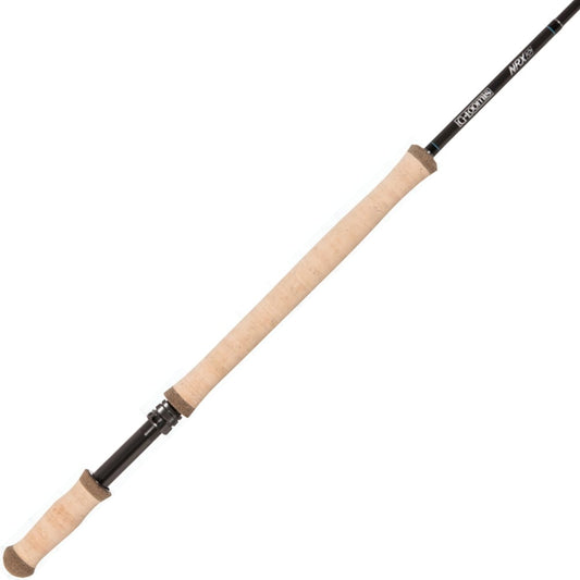 The G. Loomis NRX+ 7110-4 11'0" 7wt Switch/Spey Fly Rod by G. Loomis features a fast-action design, light cork handle, and black shaft, shown diagonally on a white background.