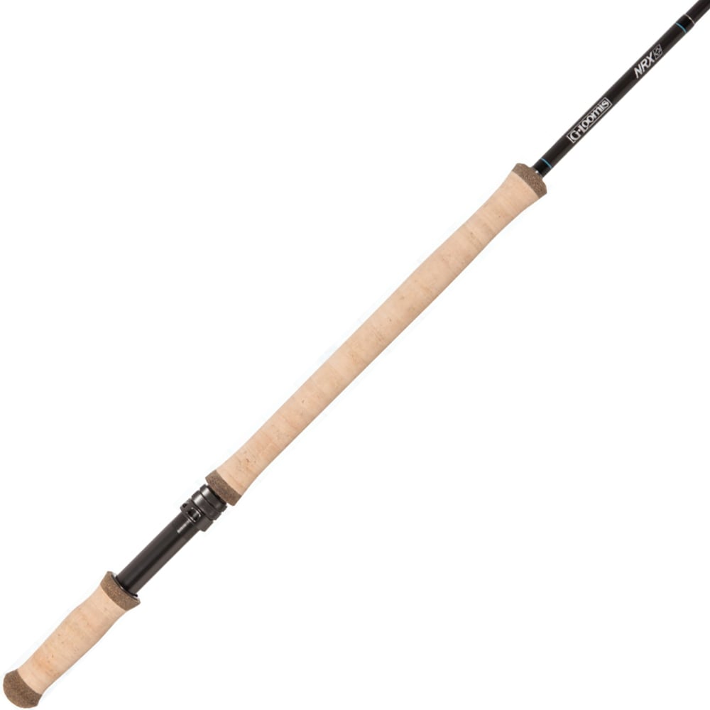 The G. Loomis NRX+ 6126-4 12'6" 6wt Switch/Spey Fly Rod features a slim design, light cork handle, and black reel seat. Shown diagonally on a white background, this fast-action rod by G. Loomis is ideal for spey fly fishing.
