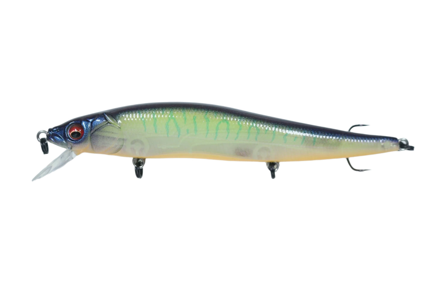 The Megabass Vision 110 Jerkbait by Megabass is a meticulously crafted fishing lure featuring a vibrant, multicolored finish. Its translucent body showcases shades of green, black, and yellow. It is equipped with Katsuage Out-Barb Trebles and lifelike eyes. The VISION ONETEN jerkbait is set against a simple white background.