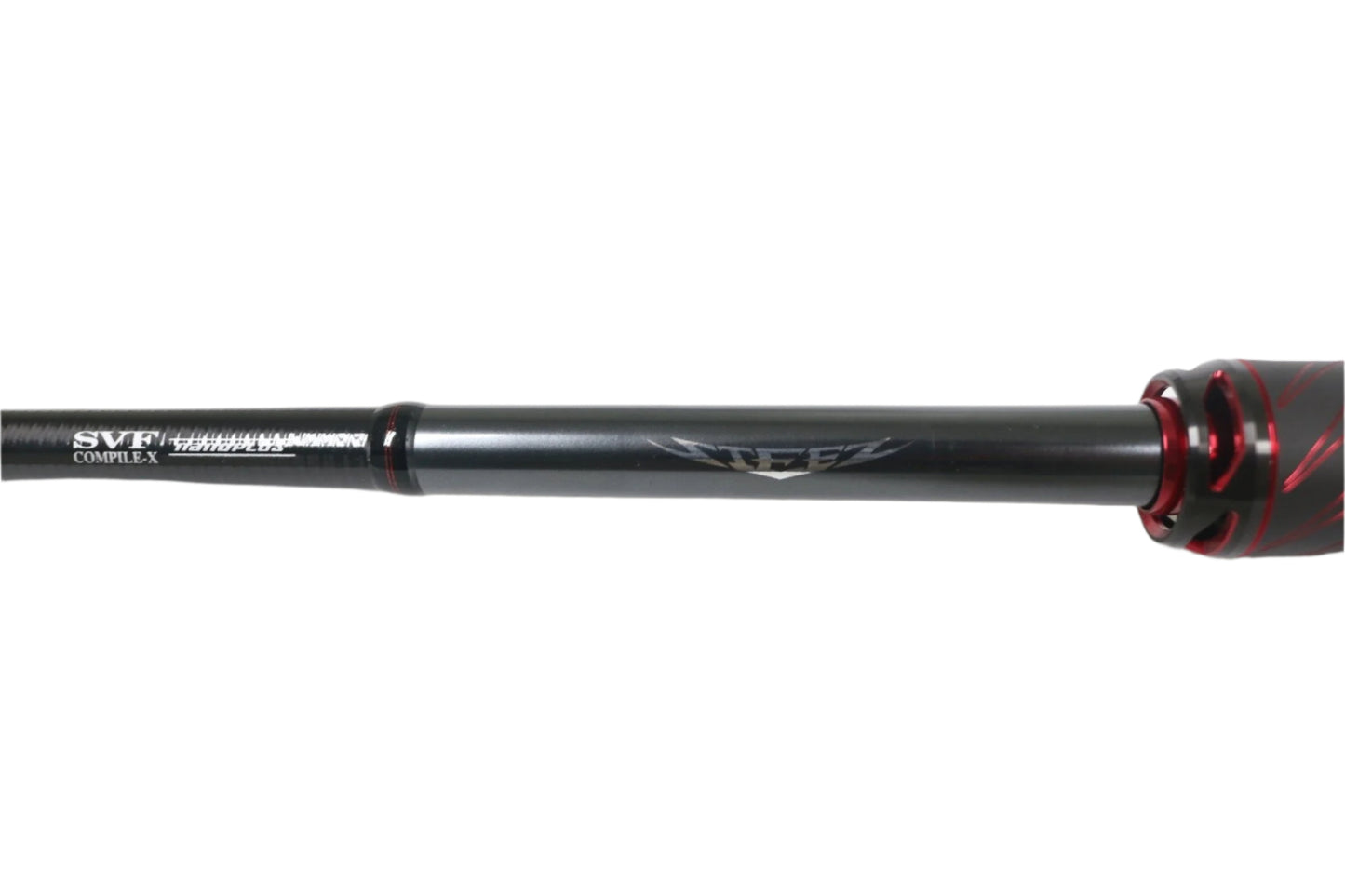 A close-up of the Daiwa Steez AGS STAGS691MFB Casting Rod highlights its sleek black design with subtle red accents. The white branding near the handle stands out. Ideal for our Rod and Reel Trade-In Program, set against a plain white backdrop.