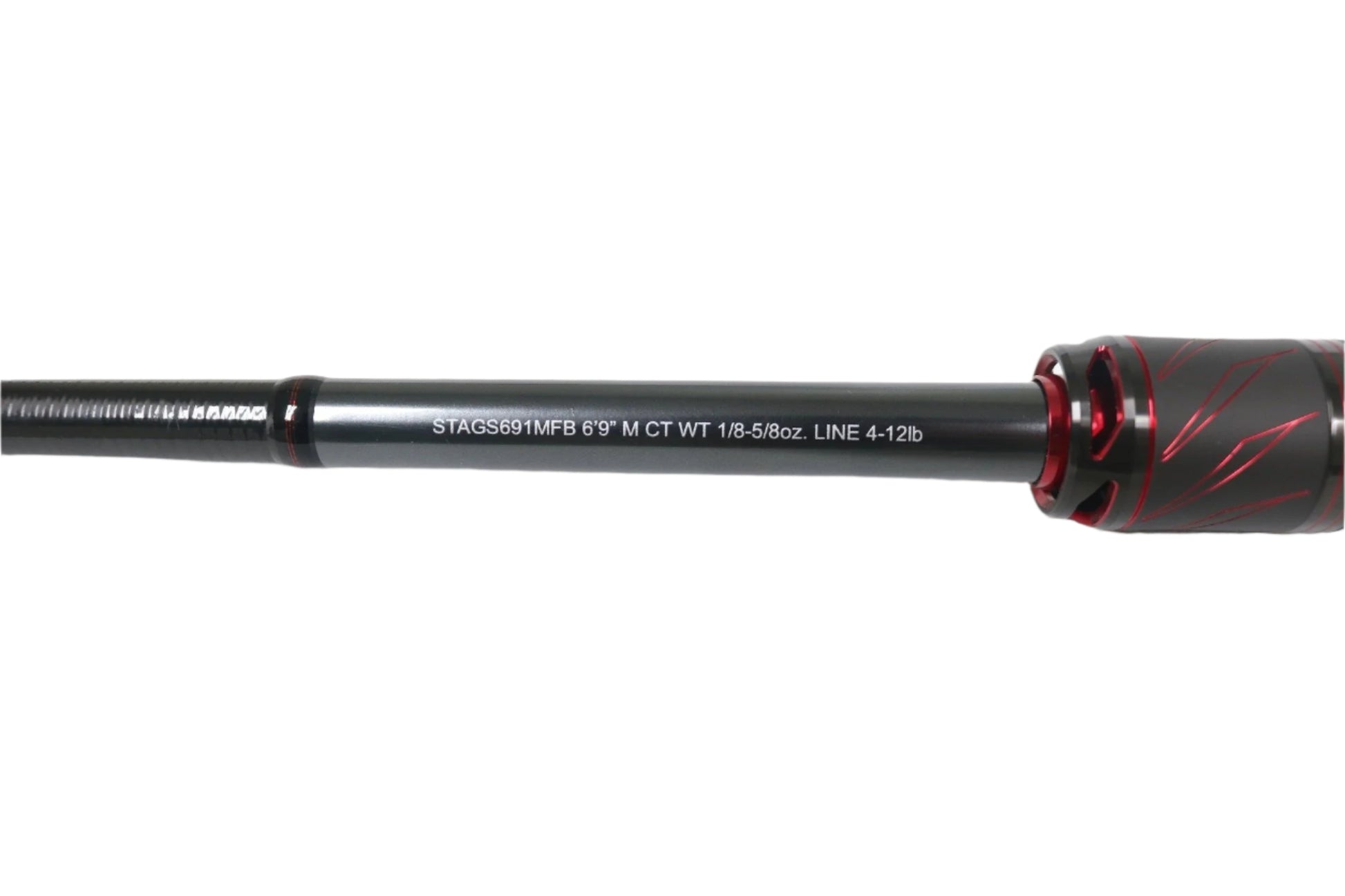 A Daiwa Steez AGS STAGS691MFB Universal Light 6'9" Medium casting rod, black with white specs and red accents, ideal for the Rod and Reel Trade-In Program. Suitable for 1/8-5/8oz weight and 4-12lb line.