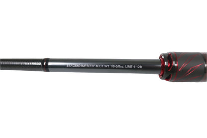 A Daiwa Steez AGS STAGS691MFB Universal Light 6'9" Medium casting rod, black with white specs and red accents, ideal for the Rod and Reel Trade-In Program. Suitable for 1/8-5/8oz weight and 4-12lb line.