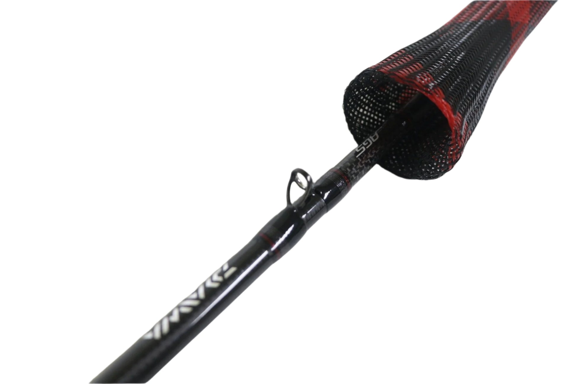 Close-up of the Daiwa Steez AGS STAGS691MFB casting rod's tip with red and black netting. Part of our Rod and Reel Trade-In Program, this black 6'9" medium rod has a metal guide ring and detailed textures. Perfect for those seeking quality used gear for their fishing adventures.