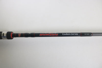A close-up of a Dobyns Kaden KD734CB 7'3" Medium Mod-Fast casting rod in excellent used condition, featuring the Dobyns branding against a plain white background.