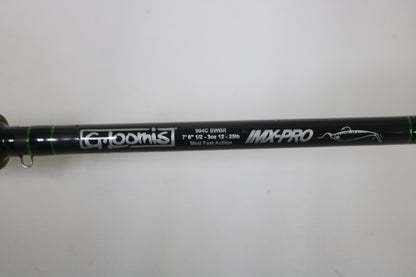 Close-up of the G. Loomis IMX-PRO 904C SWBR 7'6" Used Casting Rod—excellent condition, 1/2–3 oz, 12–25 lb, Mod Fast Action. Ask about our rod and reel trade-in program for used gear or store credit!.