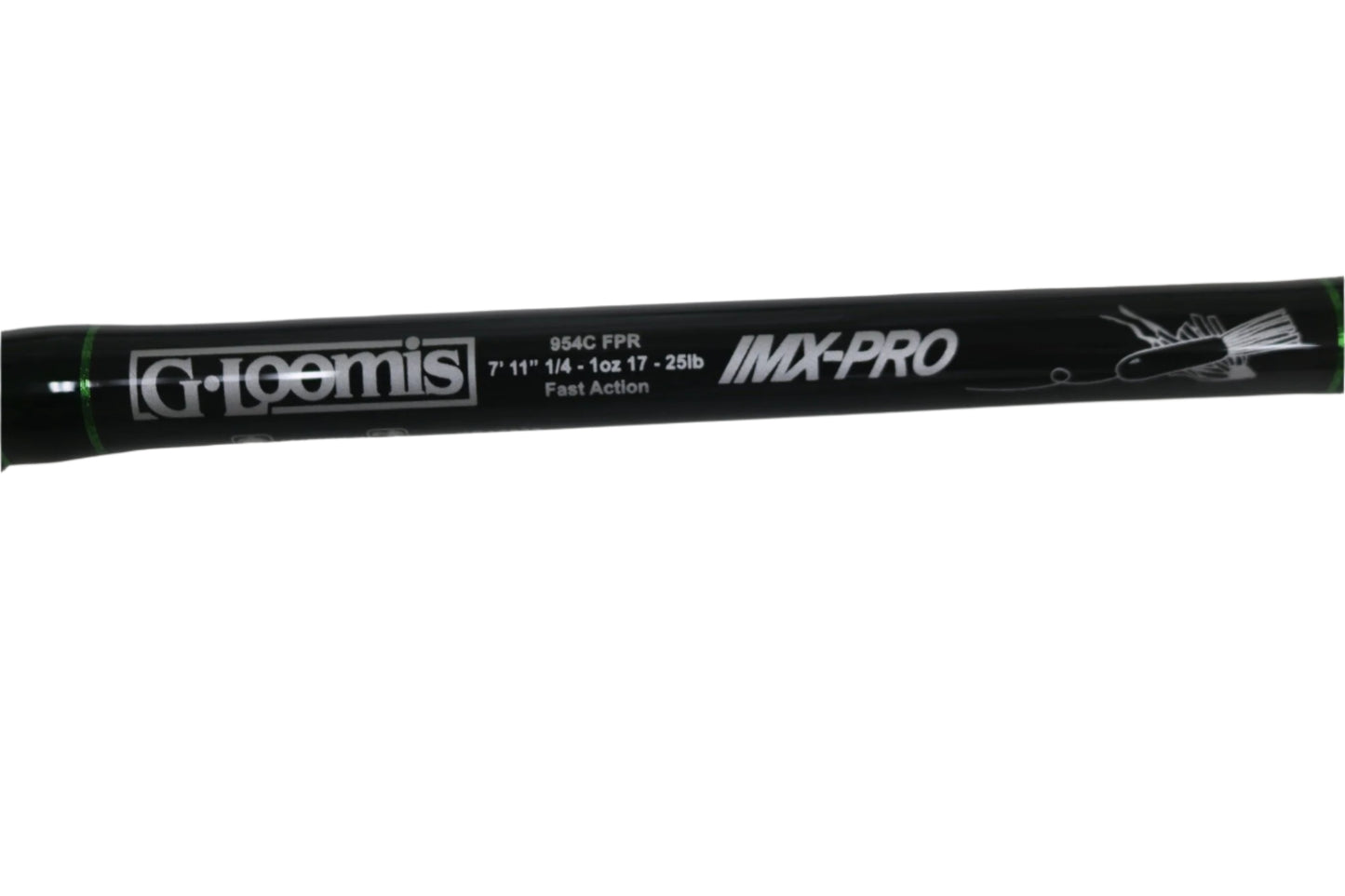 A close-up of a mint condition used G. Loomis IMX-PRO 954C FPR 7'11" Heavy casting rod, labeled with specs and a simple fish illustration—ideal for those wanting to trade in used gear for store credit.