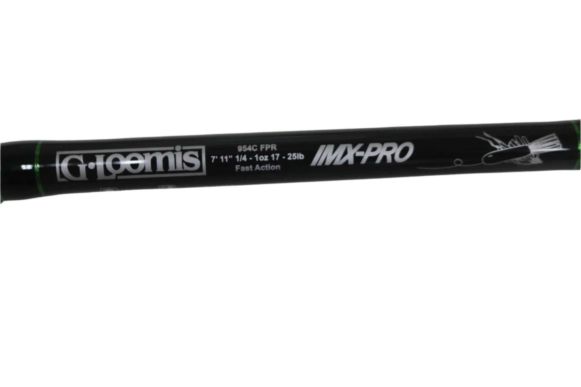 A close-up of a mint condition used G. Loomis IMX-PRO 954C FPR 7'11" Heavy casting rod, labeled with specs and a simple fish illustration—ideal for those wanting to trade in used gear for store credit.