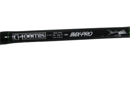 A close-up of a mint condition used G. Loomis IMX-PRO 954C FPR 7'11" Heavy casting rod, labeled with specs and a simple fish illustration—ideal for those wanting to trade in used gear for store credit.